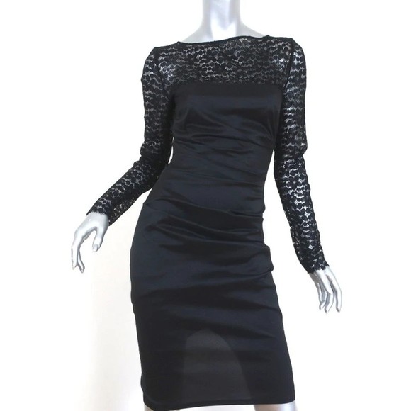 Talbot Runhof Dresses & Skirts - Talbot Runhof Dress Black Lace & Ruched Taffeta Size 36 Long Sleeve Sheath